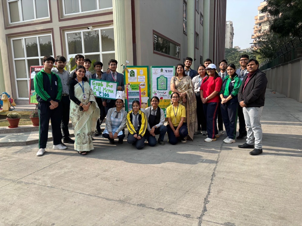 Students of SAM International School, India, selling Green Crave healthy drinks and snacks